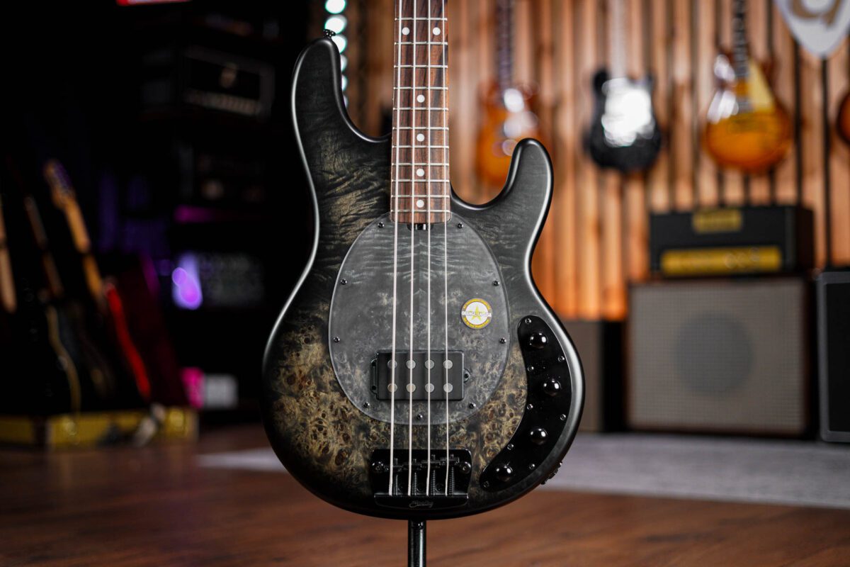 Sterling by Music Man Stingray Ray34 in Poplar Burl Trans Black